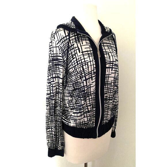 VTG Chicos Blue and White Long Sleeve Hood Zipper Stretchy Jacket Sz 1 (M/8) - Picture 3 of 6